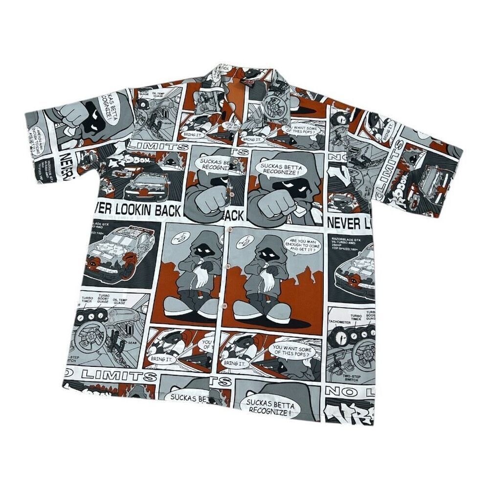 Diss Shadow Men Button Up Hip Hop B-boy All Over Graphic 90’s Shirt XL Brown